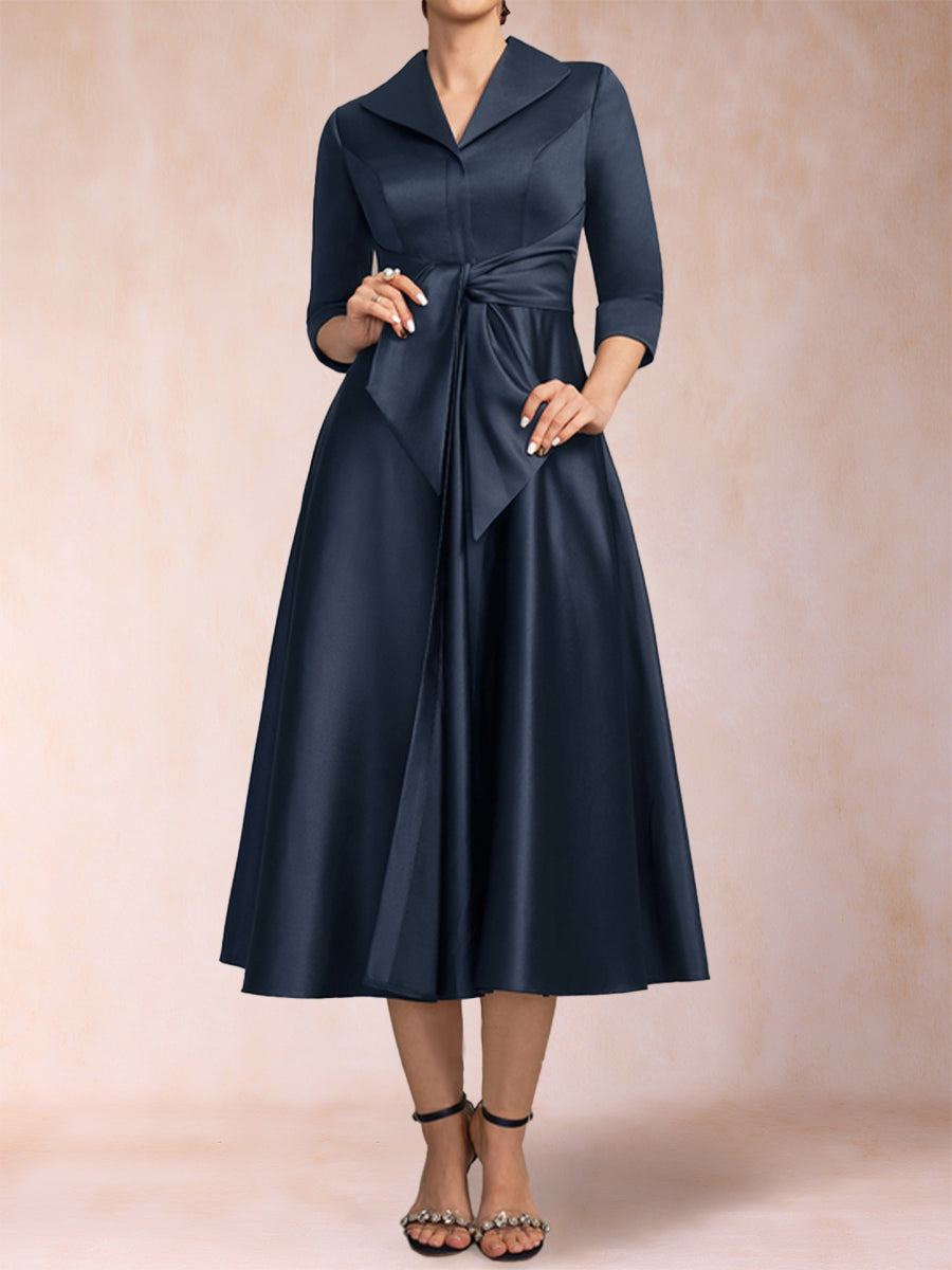 A-Line/Princess V-Neck 3/4 Sleeves Tea-Length Mother of the Bride Dresses with Belt & Pockets