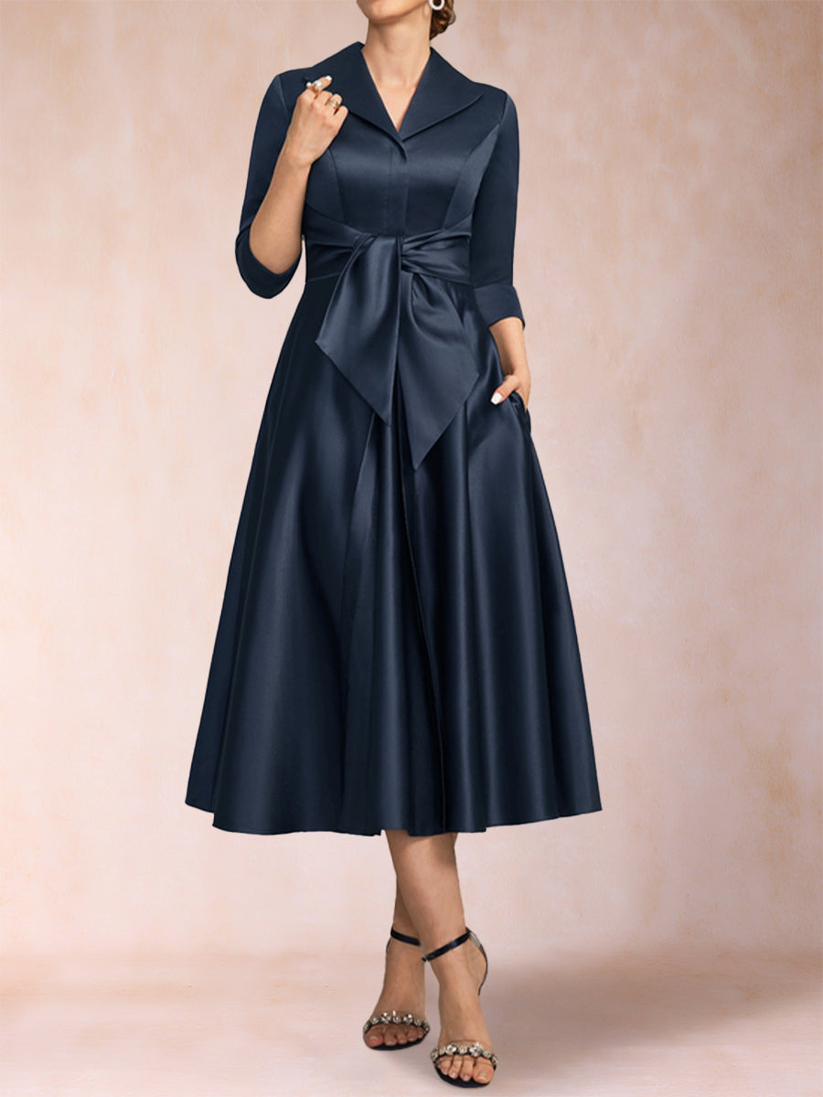 A-Line/Princess V-Neck 3/4 Sleeves Tea-Length Mother of the Bride Dresses with Belt & Pockets