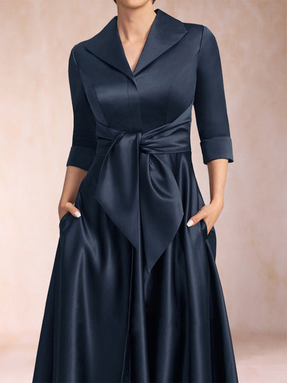 A-Line/Princess V-Neck 3/4 Sleeves Tea-Length Mother of the Bride Dresses with Belt & Pockets