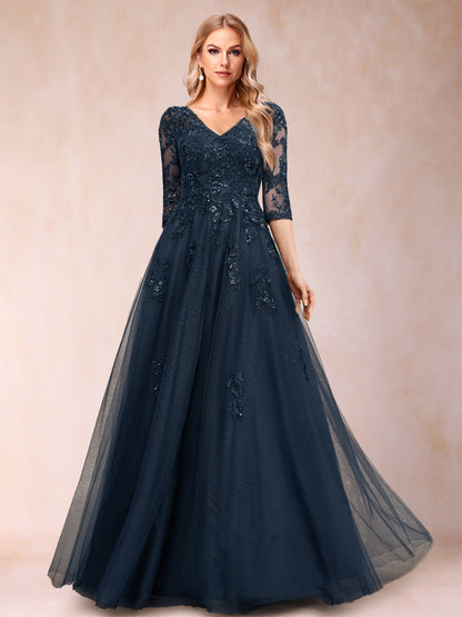 A-Line/Princess V-Neck 3/4 Sleeves Tulle Mother of the Bride Dresses with Appliques & Sequins