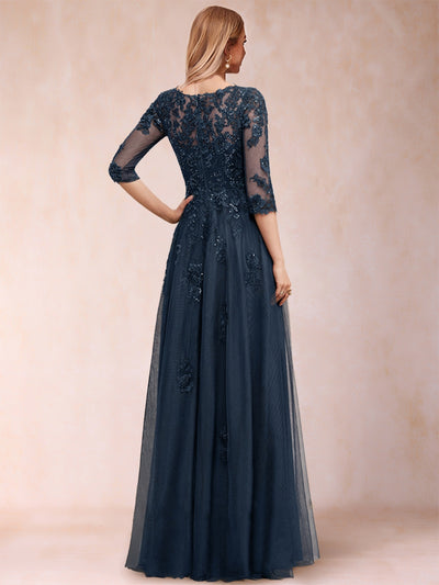 A-Line/Princess V-Neck 3/4 Sleeves Tulle Mother of the Bride Dresses with Appliques & Sequins