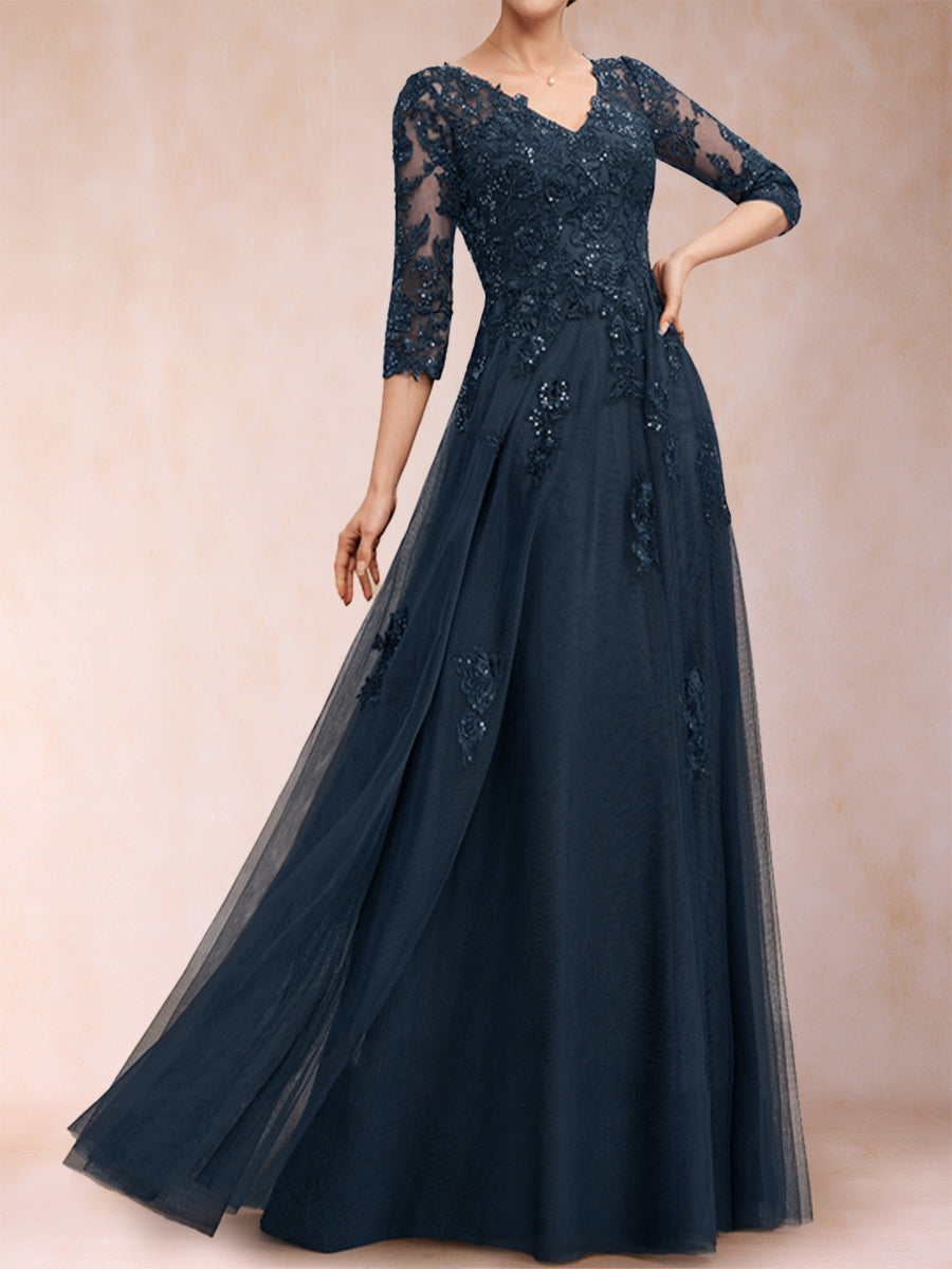 A-Line/Princess V-Neck 3/4 Sleeves Tulle Mother of the Bride Dresses with Appliques & Sequins