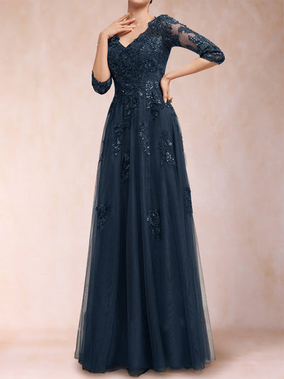 A-Line/Princess V-Neck 3/4 Sleeves Tulle Mother of the Bride Dresses with Appliques & Sequins