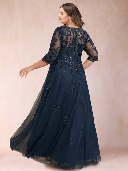 A-Line/Princess V-Neck 3/4 Sleeves Plus Size Mother of the Bride Dresses with Appliques & Sequins