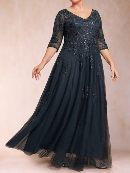 A-Line/Princess V-Neck 3/4 Sleeves Plus Size Mother of the Bride Dresses with Appliques & Sequins