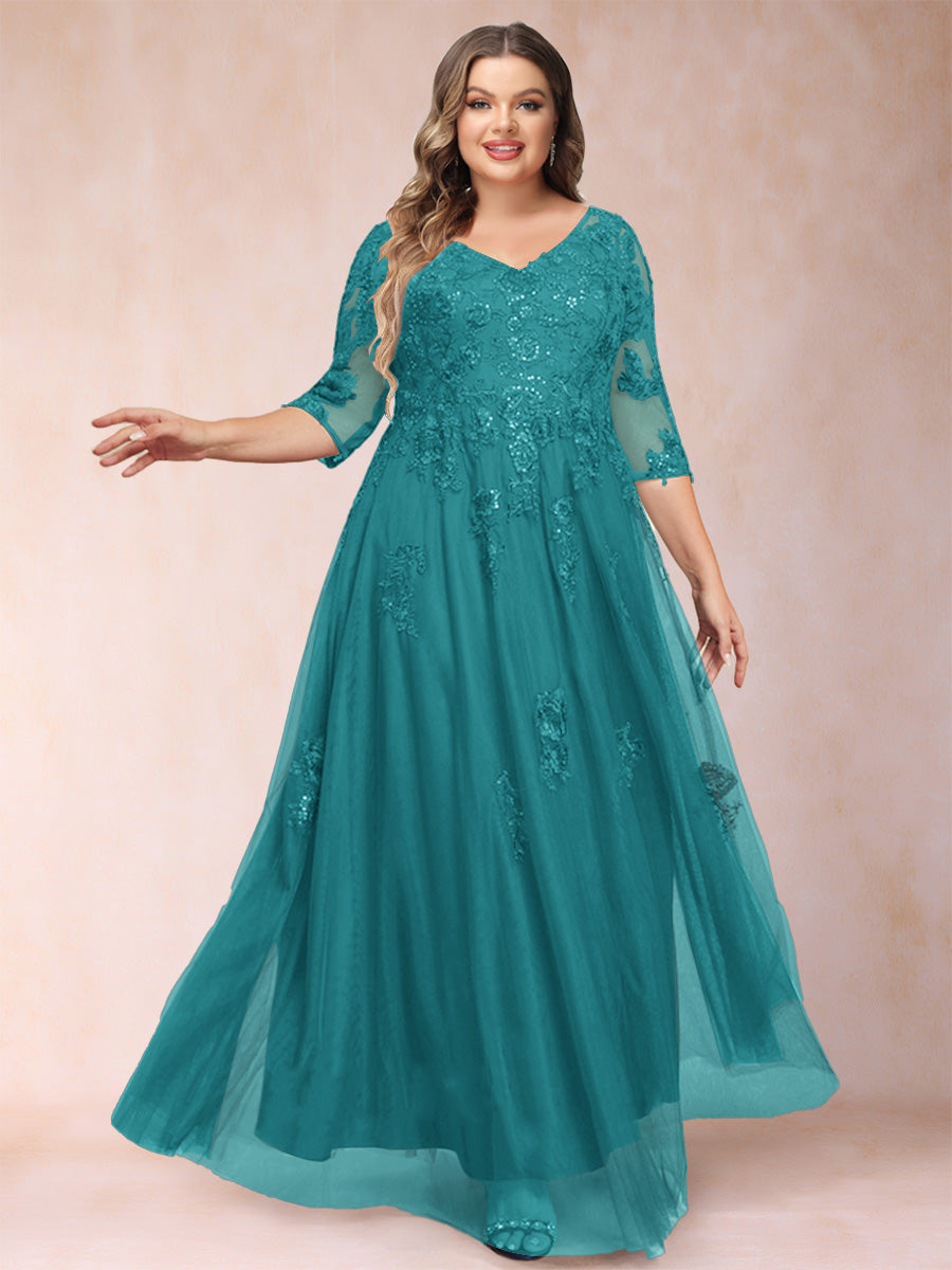 A-Line/Princess V-Neck 3/4 Sleeves Plus Size Mother of the Bride Dresses with Appliques & Sequins