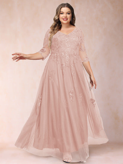 A-Line/Princess V-Neck 3/4 Sleeves Plus Size Mother of the Bride Dresses with Appliques & Sequins