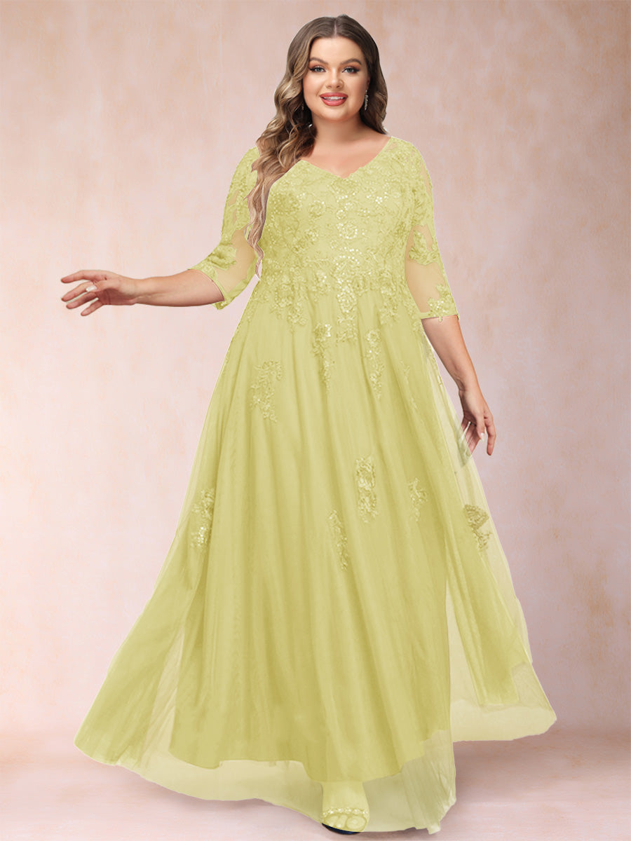 A-Line/Princess V-Neck 3/4 Sleeves Plus Size Mother of the Bride Dresses with Appliques & Sequins