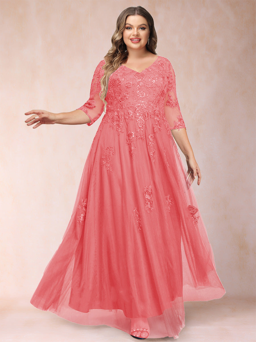 A-Line/Princess V-Neck 3/4 Sleeves Plus Size Mother of the Bride Dresses with Appliques & Sequins