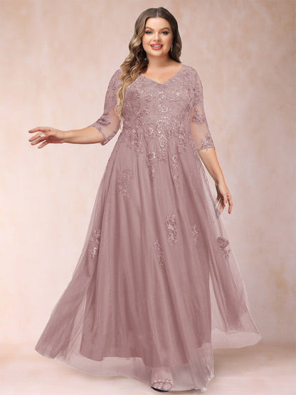 A-Line/Princess V-Neck 3/4 Sleeves Plus Size Mother of the Bride Dresses with Appliques & Sequins