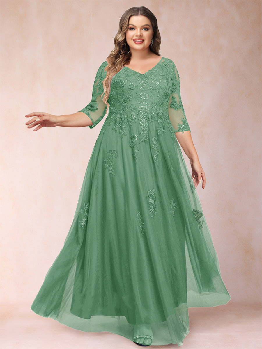 A-Line/Princess V-Neck 3/4 Sleeves Plus Size Mother of the Bride Dresses with Appliques & Sequins