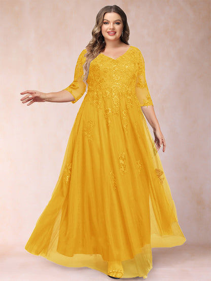 A-Line/Princess V-Neck 3/4 Sleeves Plus Size Mother of the Bride Dresses with Appliques & Sequins