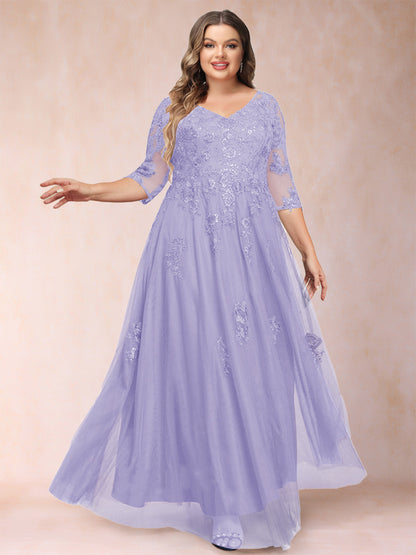 A-Line/Princess V-Neck 3/4 Sleeves Plus Size Mother of the Bride Dresses with Appliques & Sequins