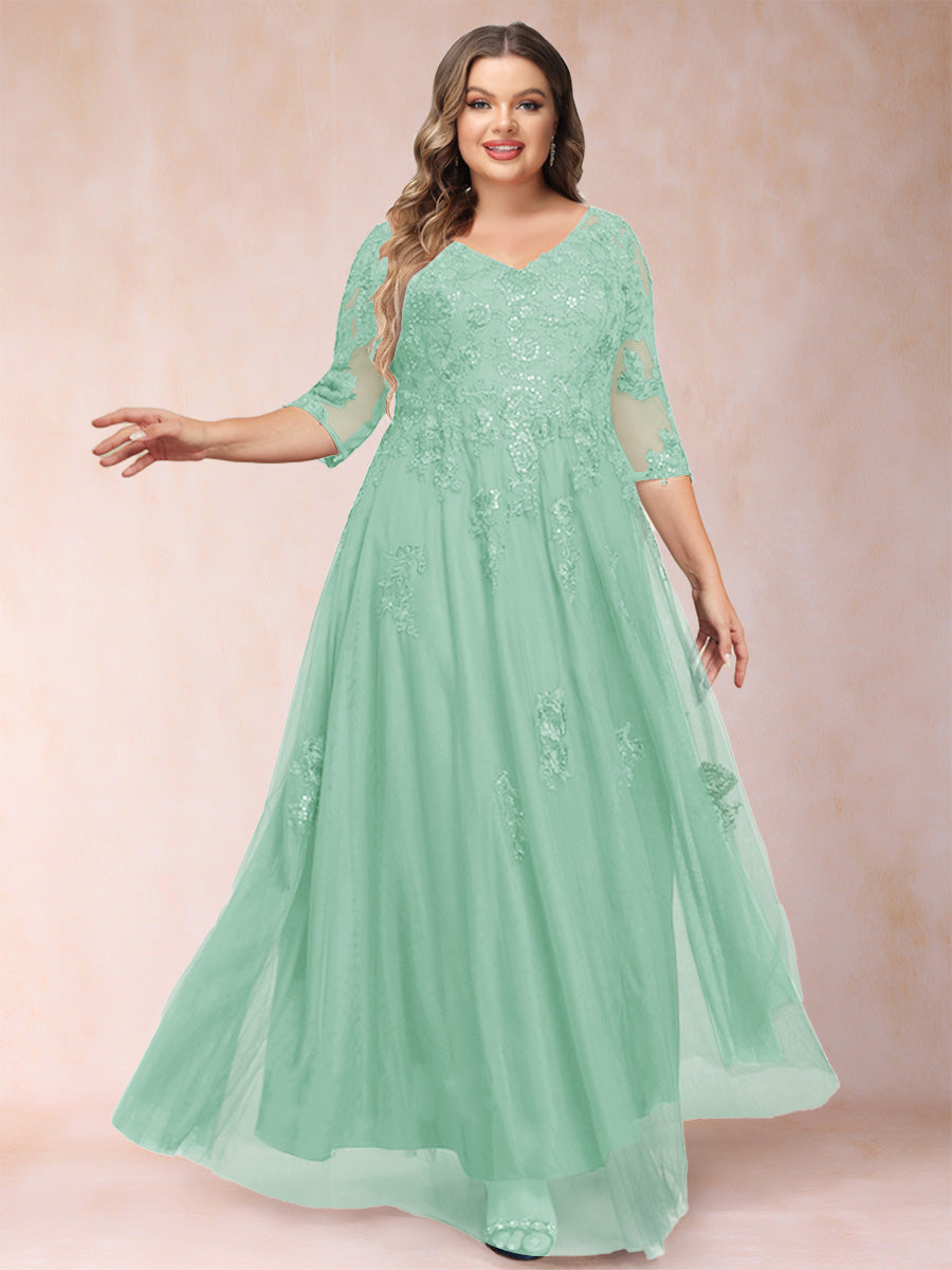 A-Line/Princess V-Neck 3/4 Sleeves Plus Size Mother of the Bride Dresses with Appliques & Sequins