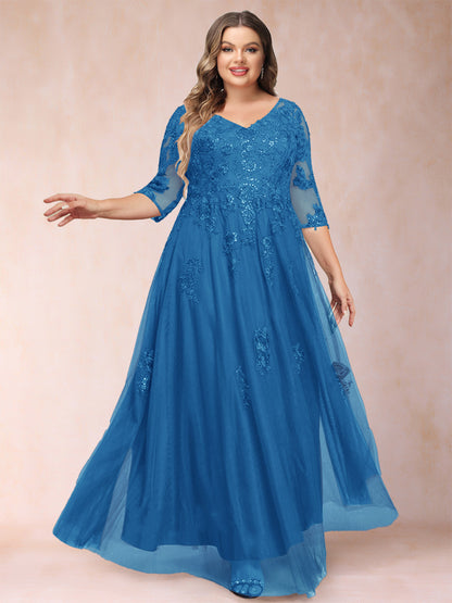 A-Line/Princess V-Neck 3/4 Sleeves Plus Size Mother of the Bride Dresses with Appliques & Sequins