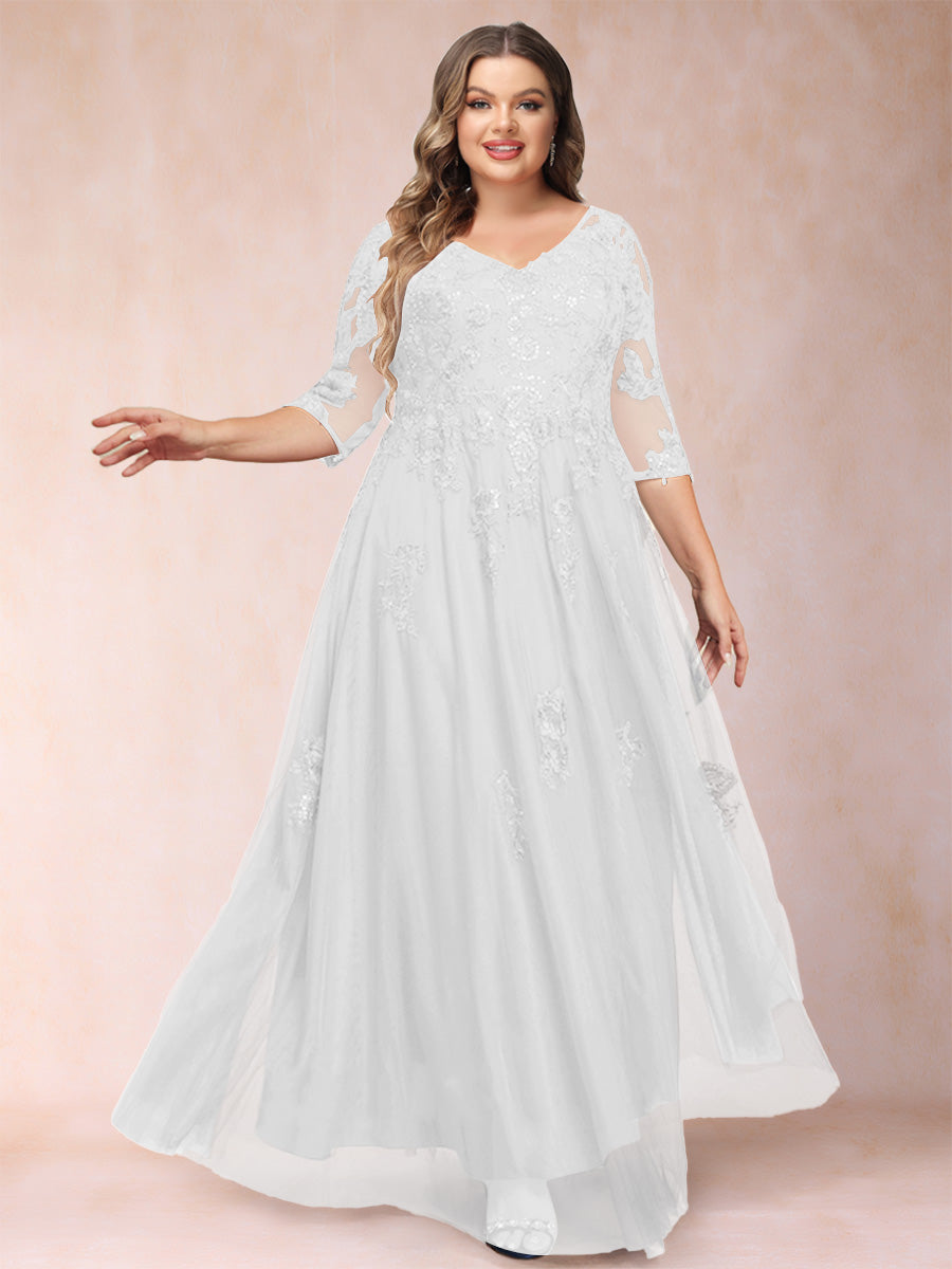 A-Line/Princess V-Neck 3/4 Sleeves Plus Size Mother of the Bride Dresses with Appliques & Sequins