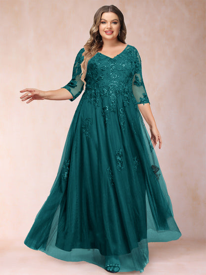 A-Line/Princess V-Neck 3/4 Sleeves Plus Size Mother of the Bride Dresses with Appliques & Sequins