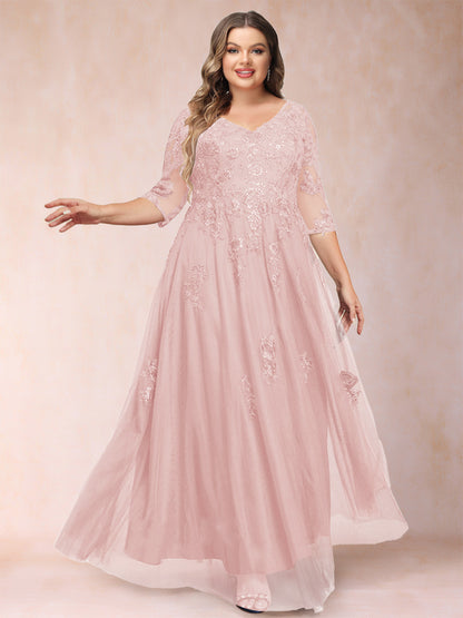 A-Line/Princess V-Neck 3/4 Sleeves Plus Size Mother of the Bride Dresses with Appliques & Sequins