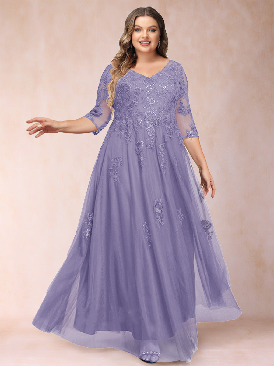 A-Line/Princess V-Neck 3/4 Sleeves Plus Size Mother of the Bride Dresses with Appliques & Sequins