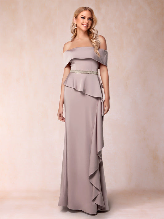 Sheath/Column Off-the-Shoulder Mother of the Bride Dresses with Rhinestone & Ruffles