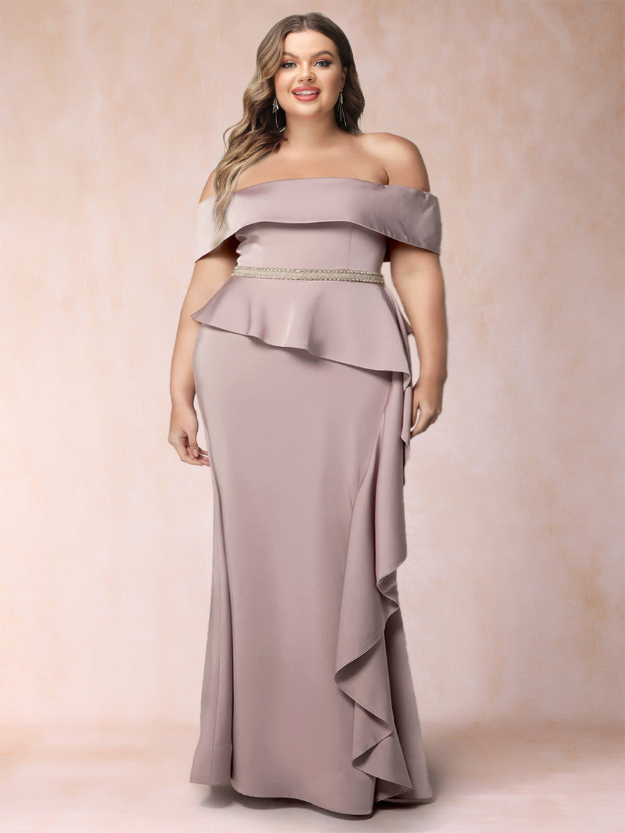 Sheath/Column Off-the-Shoulder Plus Size Mother of the Bride Dresses with Rhinestone & Ruffles