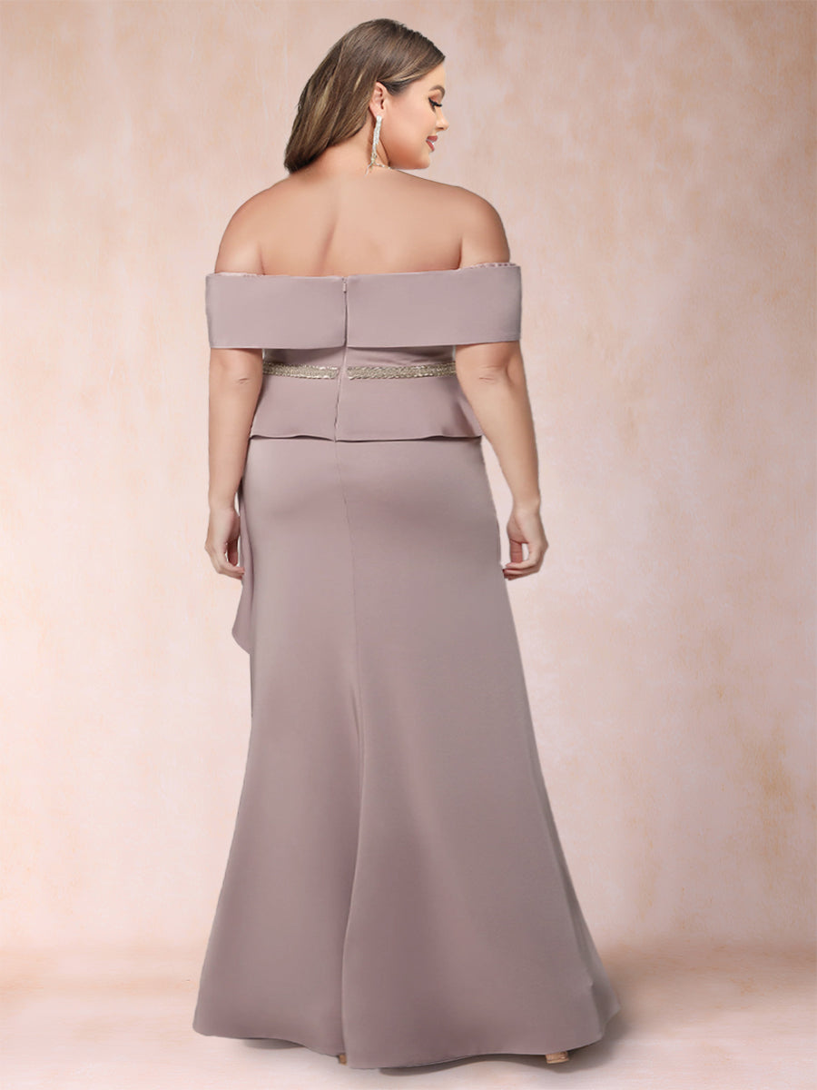 Sheath/Column Off-the-Shoulder Plus Size Mother of the Bride Dresses with Rhinestone & Ruffles