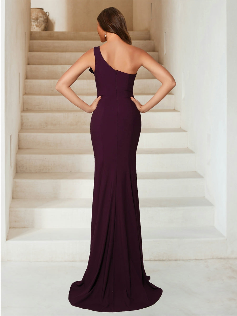 Trumpet/Mermaid One-Shoulder Sweep Train Ruched Evening Dresses with Side Slit