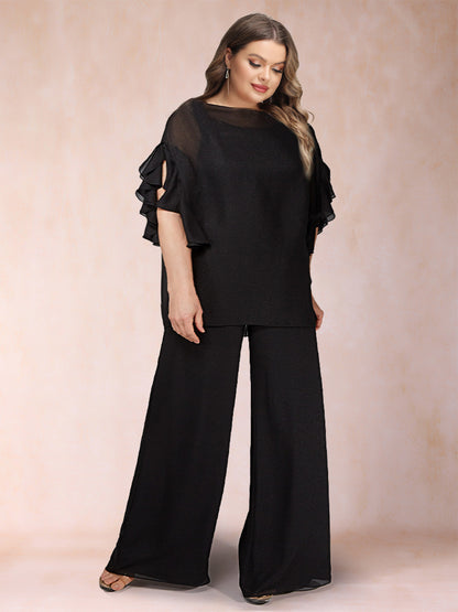 Black Chiffon Scoop Half Sleeves 2 Pieces Plus Size Pantsuits with Ruches