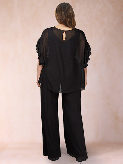 Black Chiffon Scoop Half Sleeves 2 Pieces Plus Size Pantsuits with Ruches