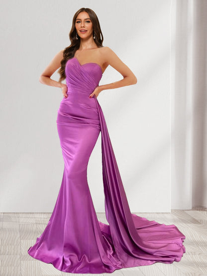 Trumpet/Mermaid One-Shoulder Ruched Evening Dresses with Watteau Train