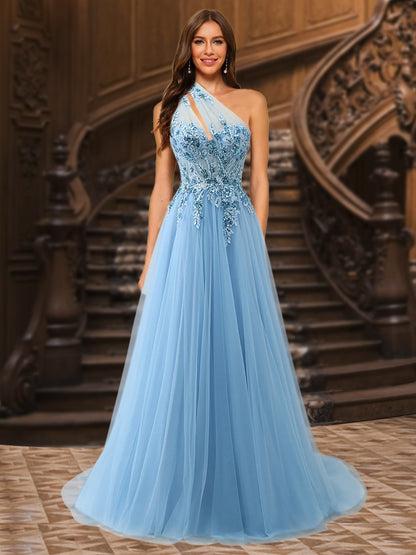 A-Line/Princess One-Shoulder Sleeveless Tulle Evening Dresses with Appliques