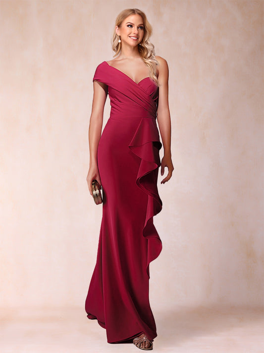 Sheath/Column One-Shoulder Sweep Train Ruched Mother of the Bride Dresses with Ruffles