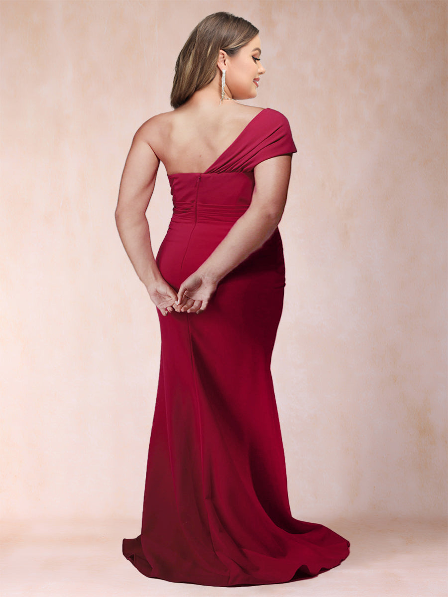 Sheath/Column One-Shoulder Sweep Train Ruched Plus Size Mother of the Bride Dresses with Ruffles