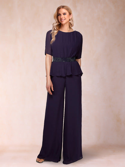 Chiffon Scoop Half Sleeves 2 Pieces Pantsuits with Rhinestone Belt