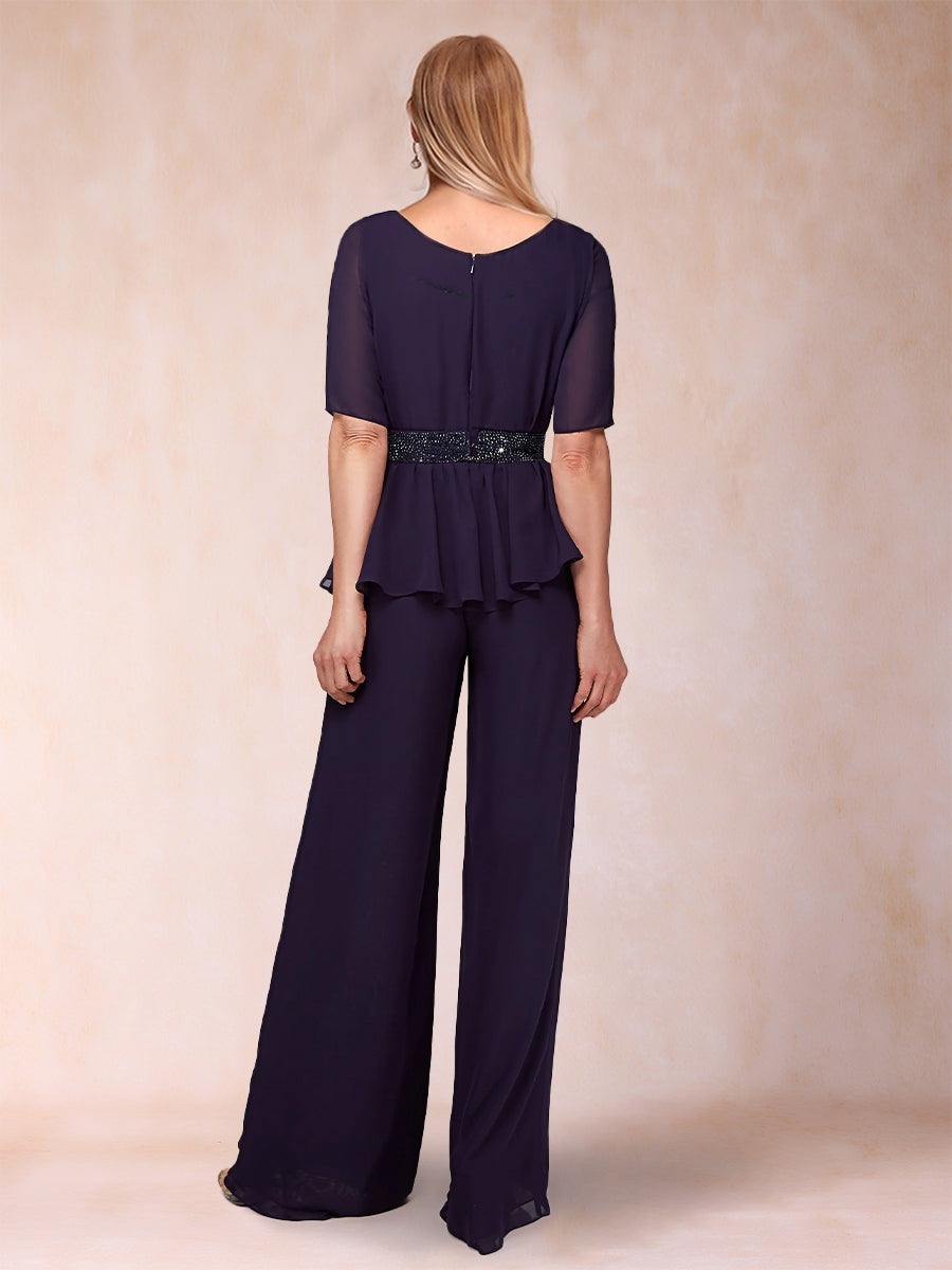 Chiffon Scoop Half Sleeves 2 Pieces Pantsuits with Rhinestone Belt