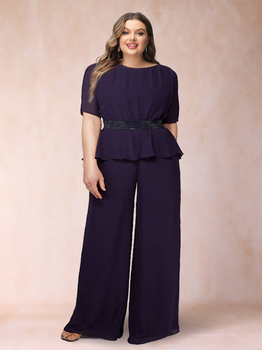 Chiffon Scoop Half Sleeves 2 Pieces Plus Size Pantsuits with Rhinestone Belt