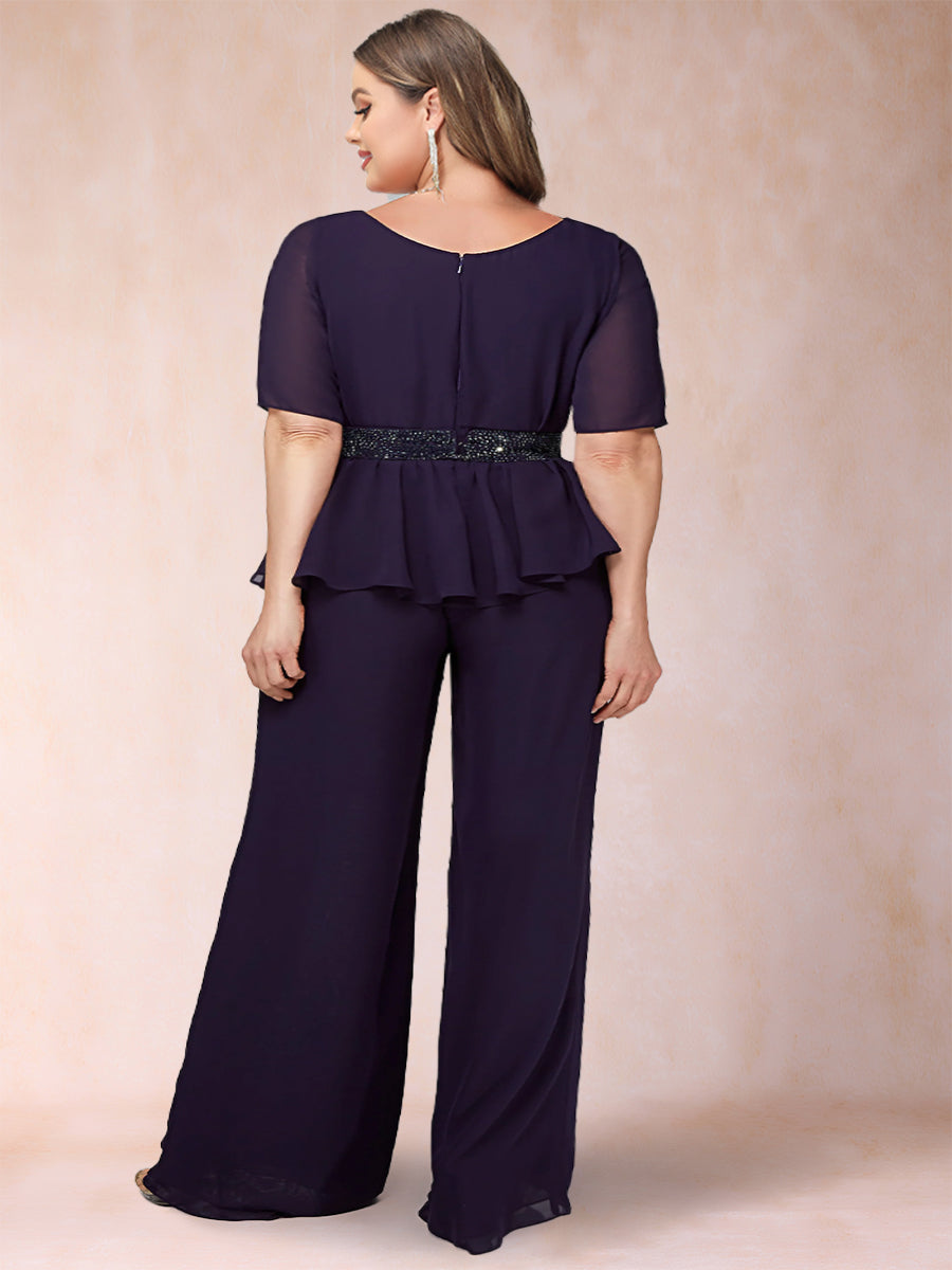 Chiffon Scoop Half Sleeves 2 Pieces Plus Size Pantsuits with Rhinestone Belt