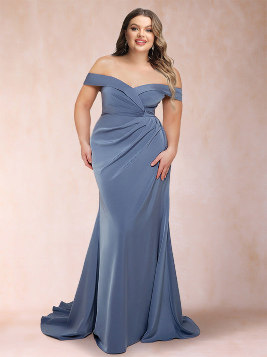 Sheath/Column Off-the-Shoulder Sleeveless Ruched Plus Size Mother of the Bride Dresses