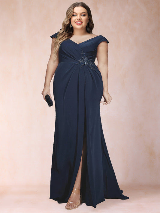 Sheath/Column V-Neck Ruched Plus Size Mother of the Bride Dresses with Appliques & Split Side