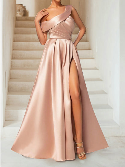 A-Line/Princess One-Shoulder Ruched Floor-Length Evening Dresses with Split Side