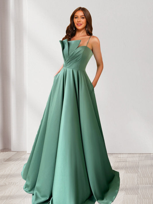 A-Line/Princess Spaghetti Straps Ruched Floor-Length Evening Dresses with Ruffles