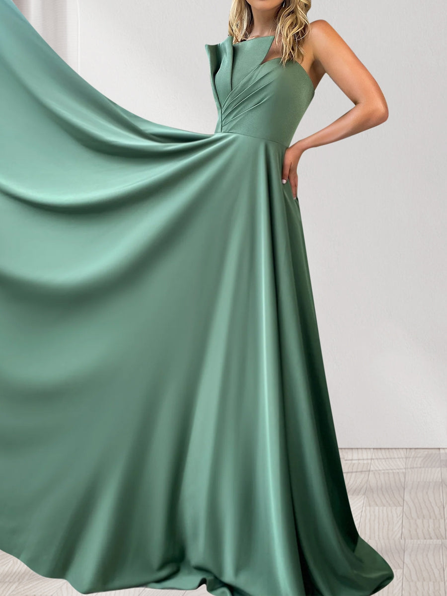 A-Line/Princess Spaghetti Straps Ruched Floor-Length Evening Dresses with Ruffles