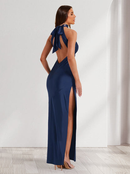 Sheath/Column Halter Sleeveless Ankle-Length Evening Dresses with High Split