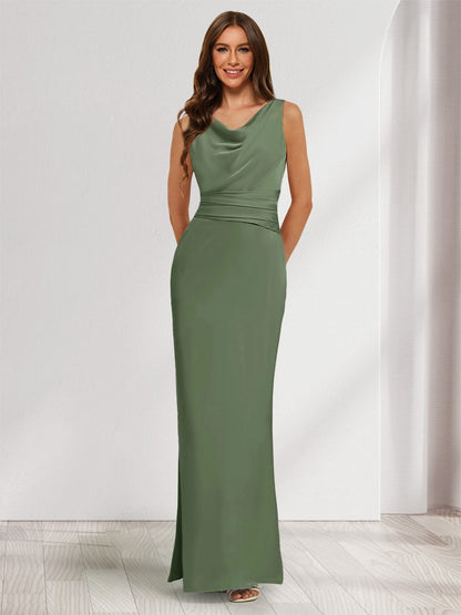 Sheath/Column Cowl Neck Sleeveless Ruched Ankle-Length Evening Dresses