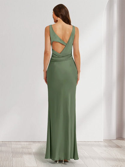 Sheath/Column Cowl Neck Sleeveless Ruched Ankle-Length Evening Dresses