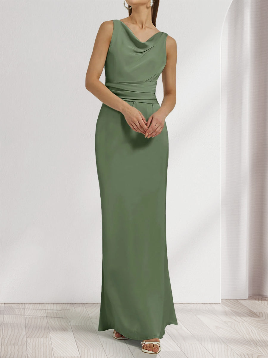 Sheath/Column Cowl Neck Sleeveless Ruched Ankle-Length Evening Dresses