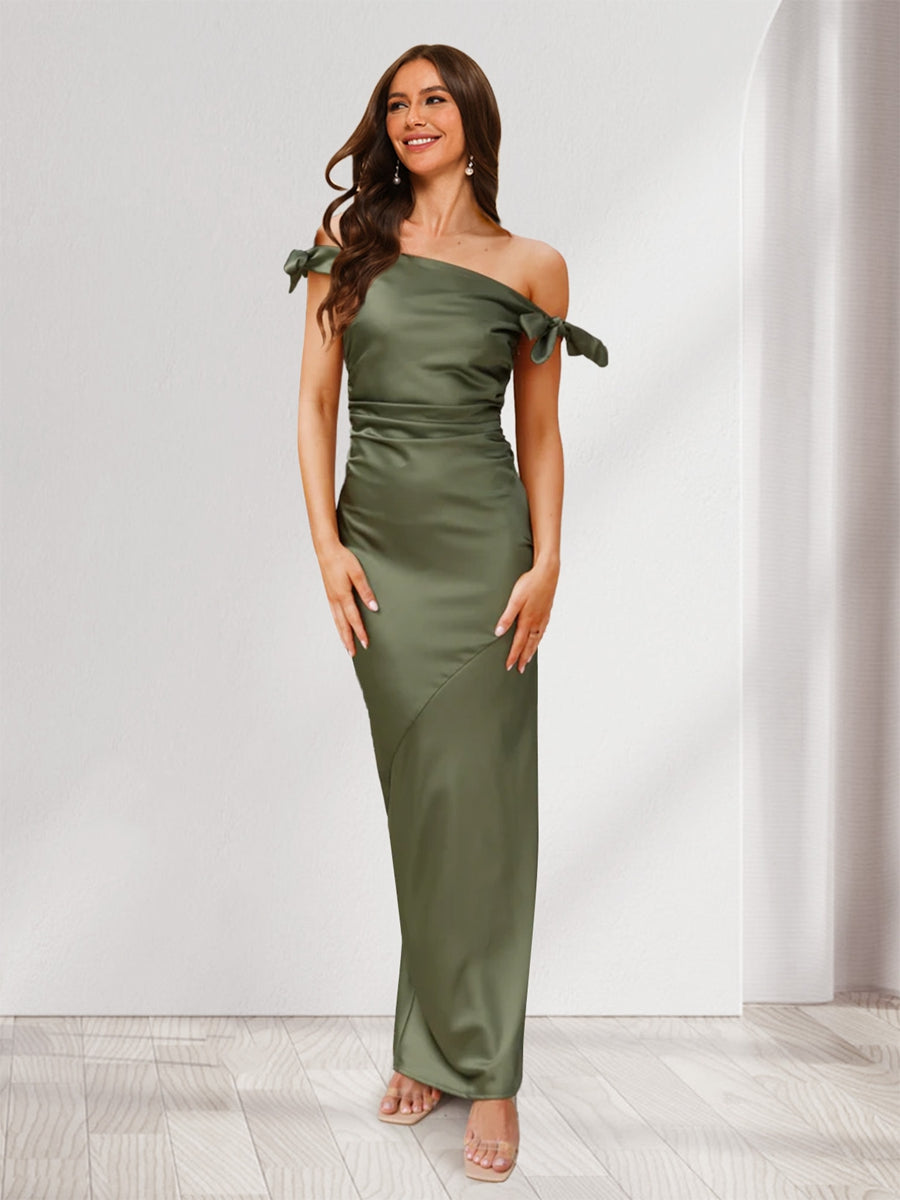 Sheath/Column Off-the-Shoulder Sleeveless Ruched Floor-Length Evening Dresses with Bow(s)