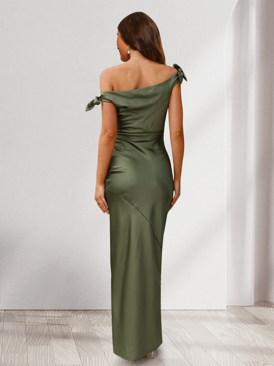 Sheath/Column Off-the-Shoulder Sleeveless Ruched Floor-Length Evening Dresses with Bow(s)