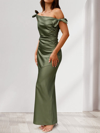 Sheath/Column Off-the-Shoulder Sleeveless Ruched Floor-Length Evening Dresses with Bow(s)