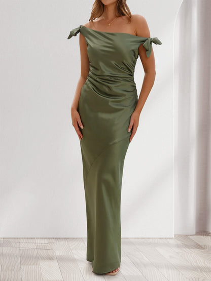 Sheath/Column Off-the-Shoulder Sleeveless Ruched Floor-Length Evening Dresses with Bow(s)